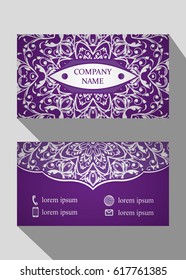 Business card, vintage card set with element of the mandala design of the logo. Abstract layout with Oriental patterns. The front and rear sides. Easy to use and edit text