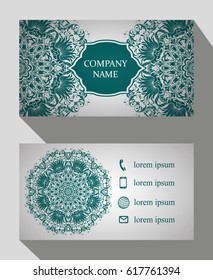 Business card, vintage card set with element of the mandala design of the logo. Abstract layout with Oriental patterns. The front and rear sides. Easy to use and edit text