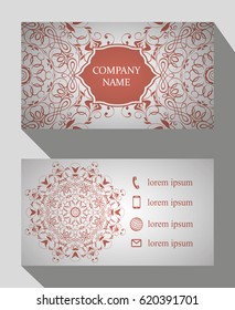 Business card, vintage card set with element of the mandala design of the logo. Abstract layout with Oriental patterns. The front and rear sides. Easy to use and edit text