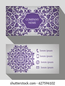 Business card, vintage card set with element of the mandala design of the logo. Abstract layout with Oriental patterns. The front and rear sides. Easy to use and edit text