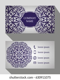 Business card, vintage card set with element of the mandala design of the logo. Abstract layout with Oriental patterns. The front and rear sides. Easy to use and edit text