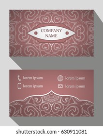 Business card, vintage card set with element of the mandala design of the logo. Abstract layout with Oriental patterns. The front and rear sides. Easy to use and edit text