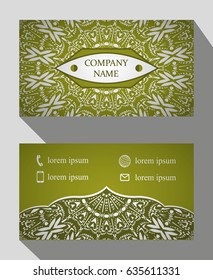 Business card, vintage card set with element of the mandala design of the logo. Abstract layout with Oriental patterns. The front and rear sides. Easy to use and edit text