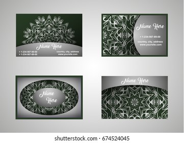 Business card, vintage card set with element of the mandala design of the logo in blue. Abstract layout with Oriental patterns. The front and rear sides. Easy to use and edit text