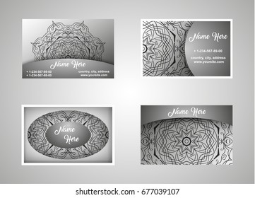 Business card, vintage card set with element of the mandala design of the logo in blue. Abstract layout with Oriental patterns. The front and rear sides. Easy to use and edit text