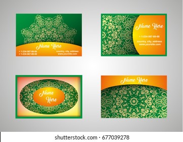 Business card, vintage card set with element of the mandala design of the logo in blue. Abstract layout with Oriental patterns. The front and rear sides. Easy to use and edit text
