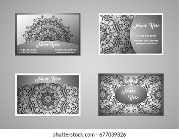 Business card, vintage card set with element of the mandala design of the logo in blue. Abstract layout with Oriental patterns. The front and rear sides. Easy to use and edit text