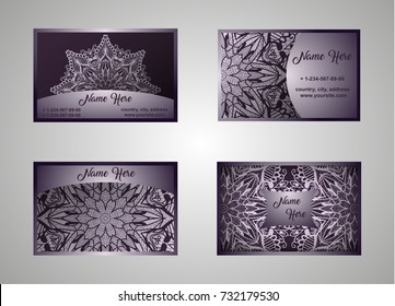 Business card, vintage card set with element of the mandala design of the logo. Abstract layout with Oriental patterns. The front and rear sides. Easy to use and edit text