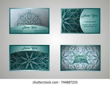 Business card, vintage card set with element of the mandala design of the logo. Abstract layout with Oriental patterns. The front and rear sides. Easy to use and edit text