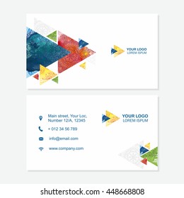 Business card or visiting card template with abstract polygonal pattern, multicolor vector design editable