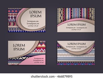 business card or visiting card template with boho style pattern background. Abstract wavy layout with ethnic elements.