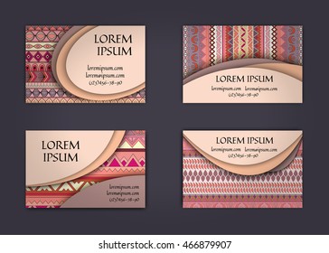 business card or visiting card template with boho style pattern background. Abstract wavy layout with ethnic elements.