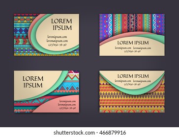 business card or visiting card template with boho style pattern background. Abstract wavy layout with ethnic elements.