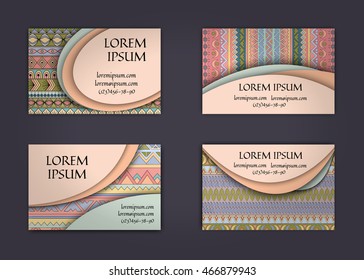 business card or visiting card template with boho style pattern background. Abstract wavy layout with ethnic elements.