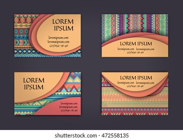 business card or visiting card template with boho style pattern background. Abstract wavy layout with ethnic elements.