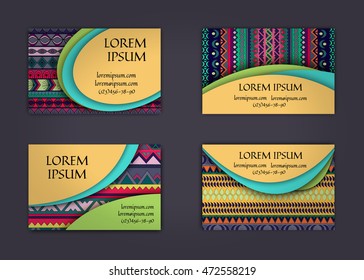 business card or visiting card template with boho style pattern background. Abstract wavy layout with ethnic elements.