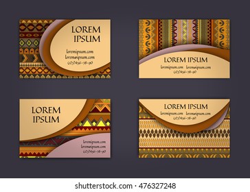 business card or visiting card template with boho style pattern background. Abstract wavy layout with ethnic elements.