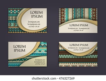 business card or visiting card template with boho style pattern background. Abstract wavy layout with ethnic elements.