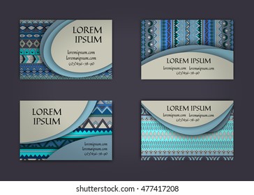 business card or visiting card template with boho style pattern background. Abstract wavy layout with ethnic elements.