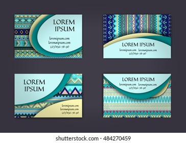 business card or visiting card template with boho style pattern background. Abstract wavy layout with ethnic elements.