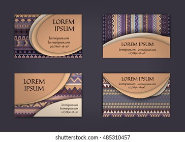 business card or visiting card template with boho style pattern background. Abstract wavy layout with ethnic elements.