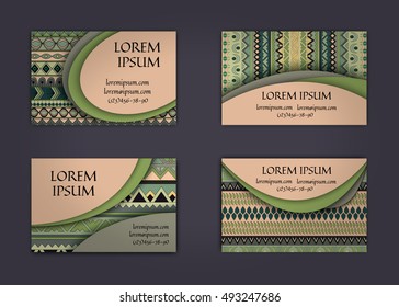 business card or visiting card template with boho style pattern background. Abstract wavy layout with ethnic elements.