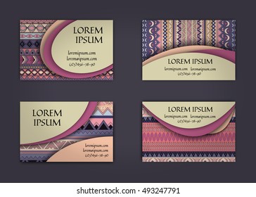 business card or visiting card template with boho style pattern background. Abstract wavy layout with ethnic elements.