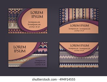 business card or visiting card template with boho style pattern background. Abstract wavy layout with ethnic elements.