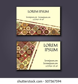 business card or visiting card template with boho style pattern background. Abstract wavy layout with ethnic elements.