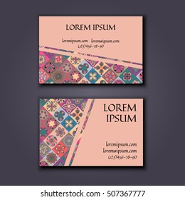 business card or visiting card template with boho style pattern background. Abstract wavy layout with ethnic elements.