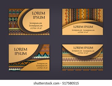 business card or visiting card template with boho style pattern background. Abstract wavy layout with ethnic elements.