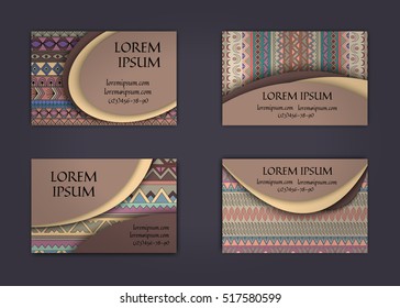 business card or visiting card template with boho style pattern background. Abstract wavy layout with ethnic elements.