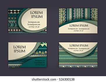 business card or visiting card template with boho style pattern background. Abstract wavy layout with ethnic elements.