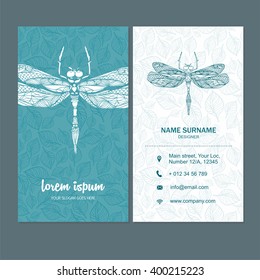 Business card or visiting card template with dragonfly logo element. Vector design editable layout