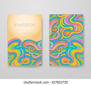 Business card with vivid lines pattern. Psychedelic vector frame template, invitation with place for your text. Flyer layout