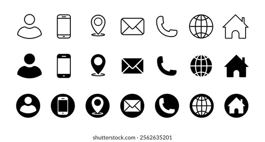 Business card and website icon set. Contact information and communication flat icons, location, name, phone, email, and web address symbols – transparent PNG and vector illustration. 