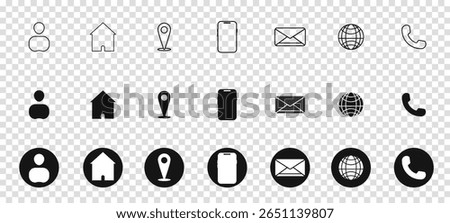 business card and website icon set. contact information icons containing name, location, phone, email and web address symbol. transparent and vector illustration