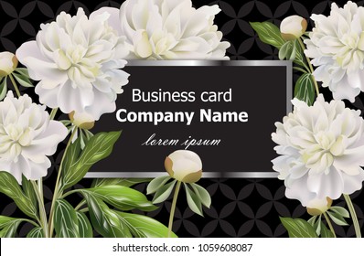 Business card with white peony flowers. Vector realistic floral decor, 3d illustrations