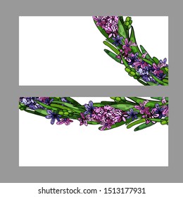 Business card whith hyacinth and green leaves.Copy space, place for text. Decorative floral cards.
