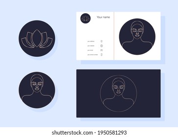 Business card for women. Business card and logo for the beauty sphere. Business card for spa salon, beauty salon. Icons for address, phone, email, website. Pattern in blue with gold.