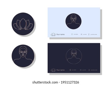 Business card for women. Business card and logo with the image of a girl. Business card for spa salon, beauty salon. Icons for address, phone, email, website. Pattern in blue with gold.