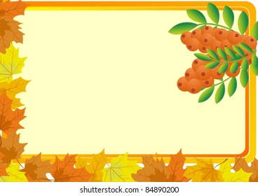 A business card with a yellow background, with bush fruits of mountain ash and autumn maple leaves