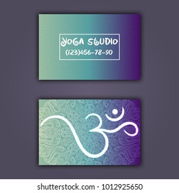 Business card for yoga studio or yoga instructor. Ethnic background with mandala ornament and ohm.