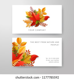 Business cards. Autumn leaves cut from paper