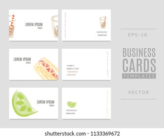 Business cards for bakers, shops and confectioneries with lime, hot dog and soda.