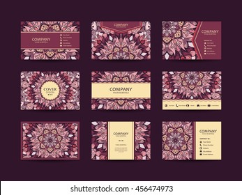 Business cards big set. Vector vintage design Floral mandala pattern and ornaments. Oriental design Layout. Islam, Arabic, Indian, ottoman motifs. Front page and back page.