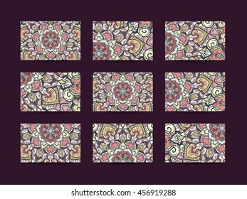 Business cards big set. Vector vintage design. Floral mandala pattern and ornaments. Oriental design Layout. Islam, Arabic, Indian, ottoman motifs. Front page and back page. Templates set.
