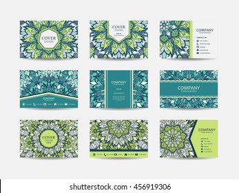 Business cards big set. Vector vintage design. Floral mandala pattern and ornaments. Oriental design Layout. Islam, Arabic, Indian, ottoman motifs. Front page and back page. Templates set.