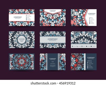 Business cards big set. Vector vintage design. Floral mandala pattern and ornaments. Oriental design Layout. Islam, Arabic, Indian, ottoman motifs. Front page and back page. Templates set.