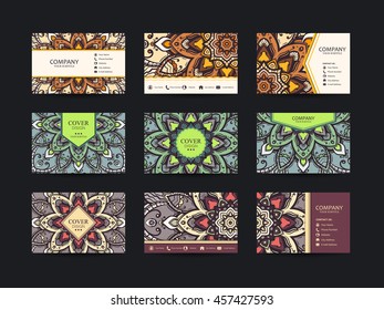 Business cards big set. Vector vintage design Floral mandala pattern and ornaments. Oriental design Layout. Islam, Arabic, Indian, ottoman motifs. Front page and back page.